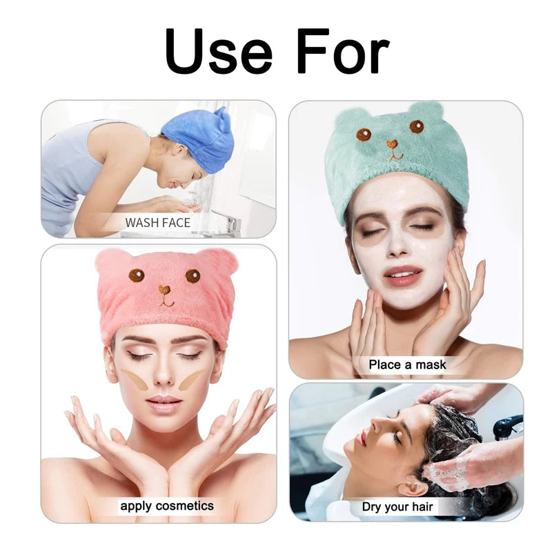 Dry Hair Cap For Women Quick-drying Absorbent Thick Microfiber Head Towel Korean Cute Bear Embroidered Shower Cap Towel
