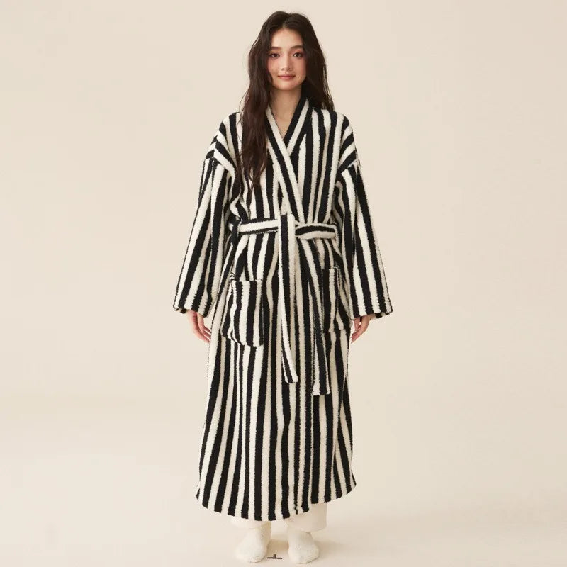 Autumn Winter Thick Soft Coral Velvet Striped Fleece Bathrobe Cozy Loungewear Plush Dressing Gown Long Robes for Women Home Wear