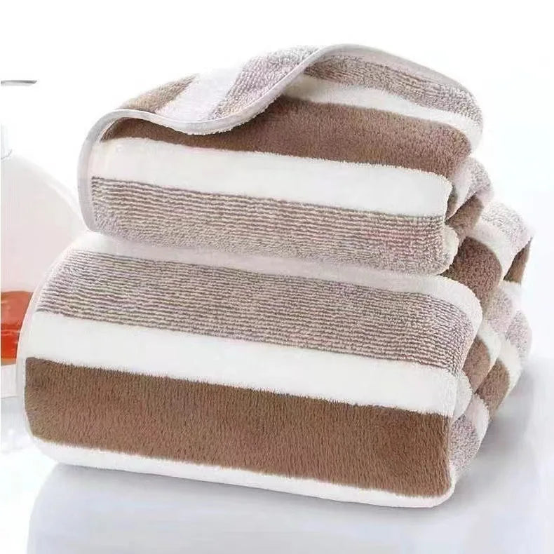 Soft Striped Bath Towel Set - Quick-Drying Absorbent Microfiber Face & Hand Towels for Bathroom, Home Spa - 70x140cm & 35x75cm