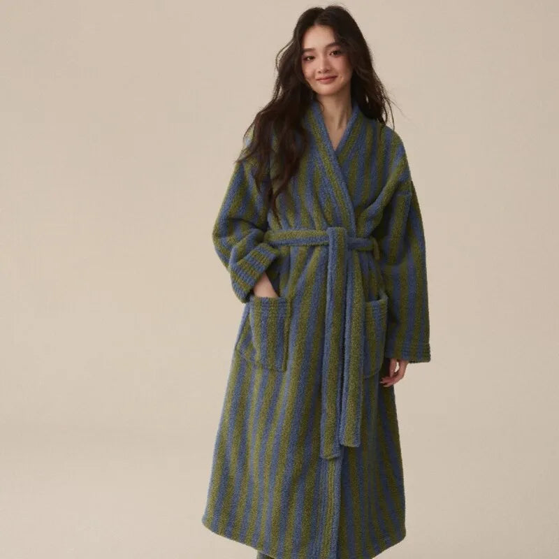 Autumn Winter Thick Soft Coral Velvet Striped Fleece Bathrobe Cozy Loungewear Plush Dressing Gown Long Robes for Women Home Wear