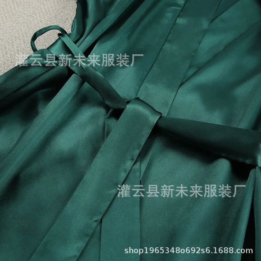 Women's Sexy Night Gown Robe V-Neck Satin Lace Bathrobe Half Sleeve Nightdress Female French Sexy Silky Satin Sleepwear