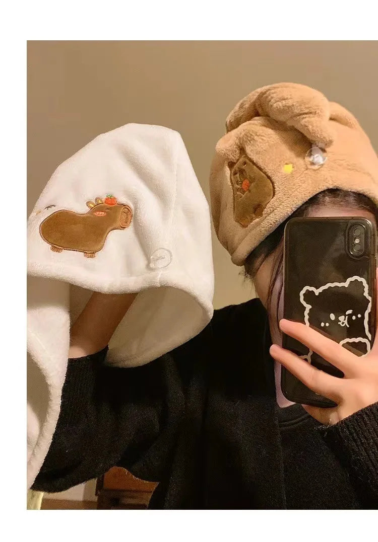 Cute Cartoon Capybara Plush Dry Hair Cap Good Absorbent Quick Dry Coral Velvet Shower Cap for Women Kid Kawaii Girl Hair Towel