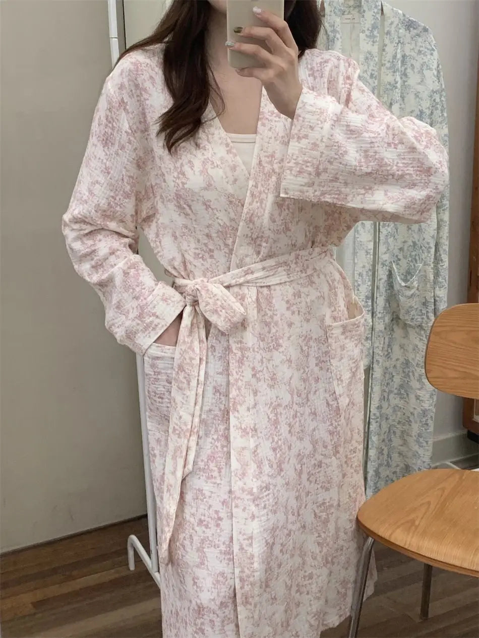 New Blue Kimono Bathing Bathrobe for Spring Autumn Women's Long-sleeved Home Sleeping Lingererie Sleep Wear Homewear Clothes Hot