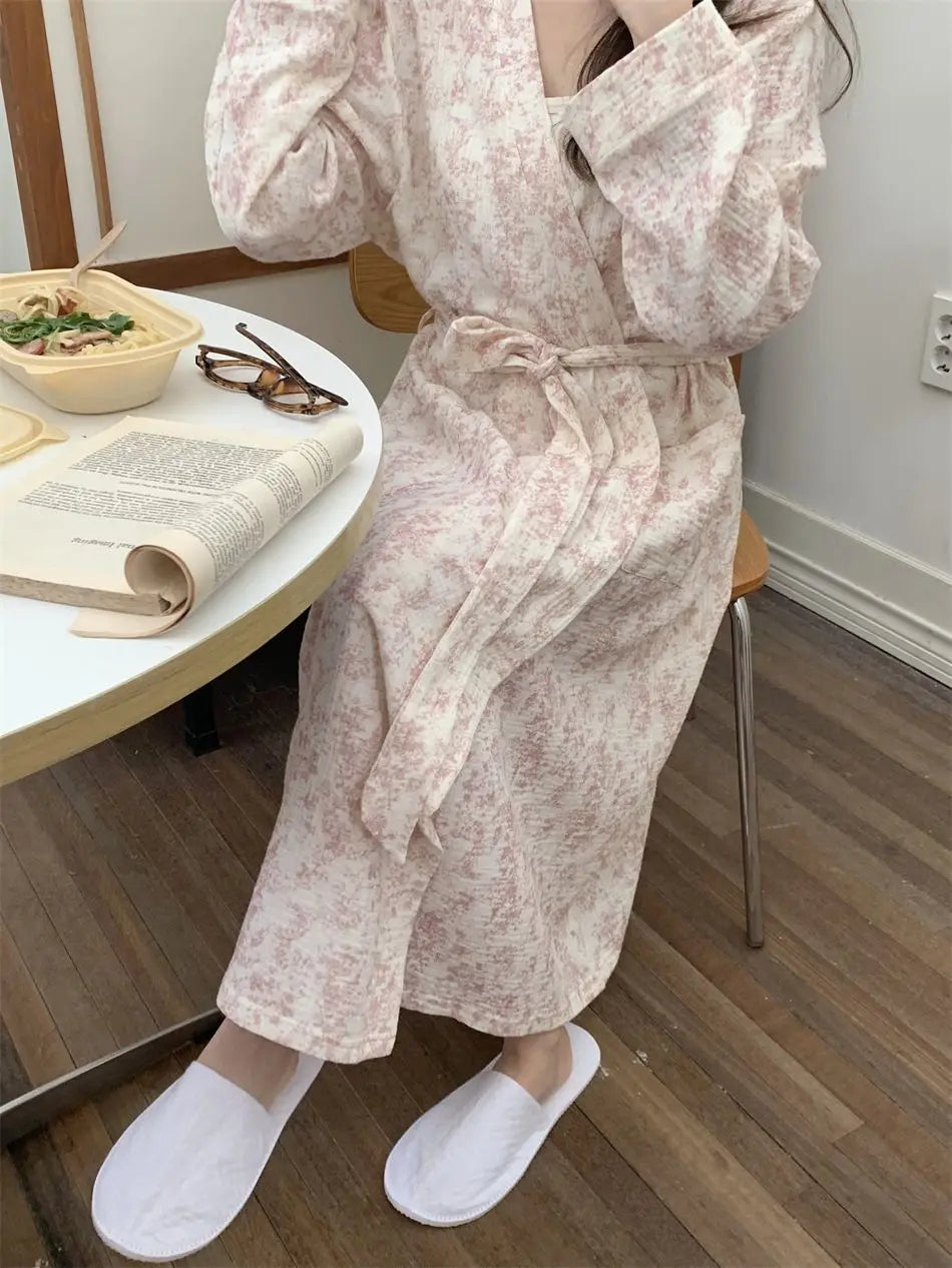 New Blue Kimono Bathing Bathrobe for Spring Autumn Women's Long-sleeved Home Sleeping Lingererie Sleep Wear Homewear Clothes Hot
