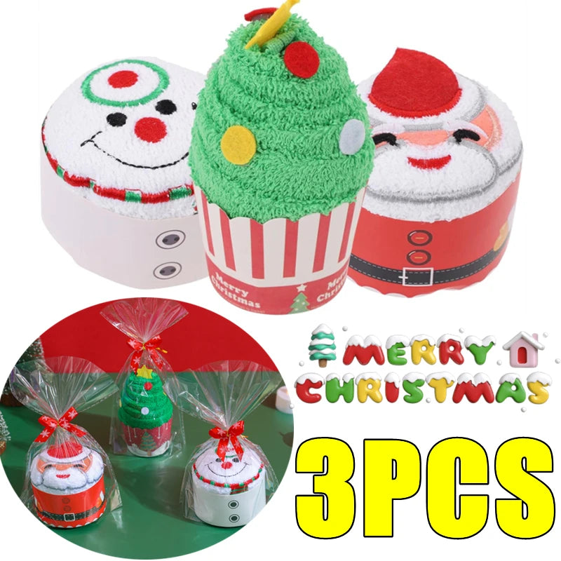 3-1PC Christmas Soft Hand Towel Absorbent Microfiber Santa Cake Shape Towel New Year Hand Wash Face Towel Bathroom Xmas Gifts