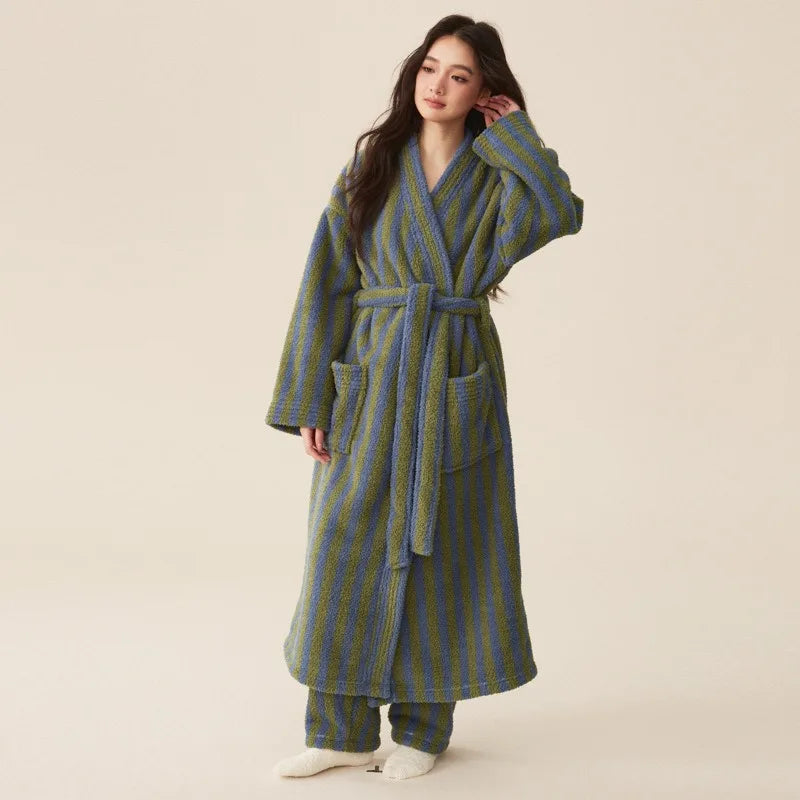 Autumn Winter Thick Soft Coral Velvet Striped Fleece Bathrobe Cozy Loungewear Plush Dressing Gown Long Robes for Women Home Wear