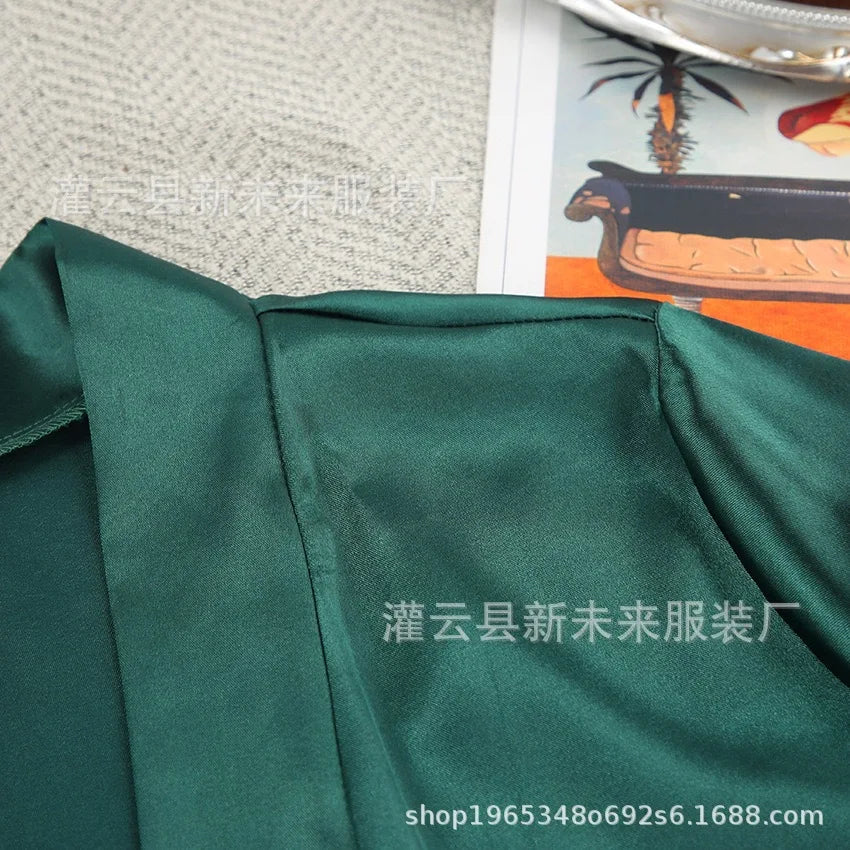 Women's Sexy Night Gown Robe V-Neck Satin Lace Bathrobe Half Sleeve Nightdress Female French Sexy Silky Satin Sleepwear