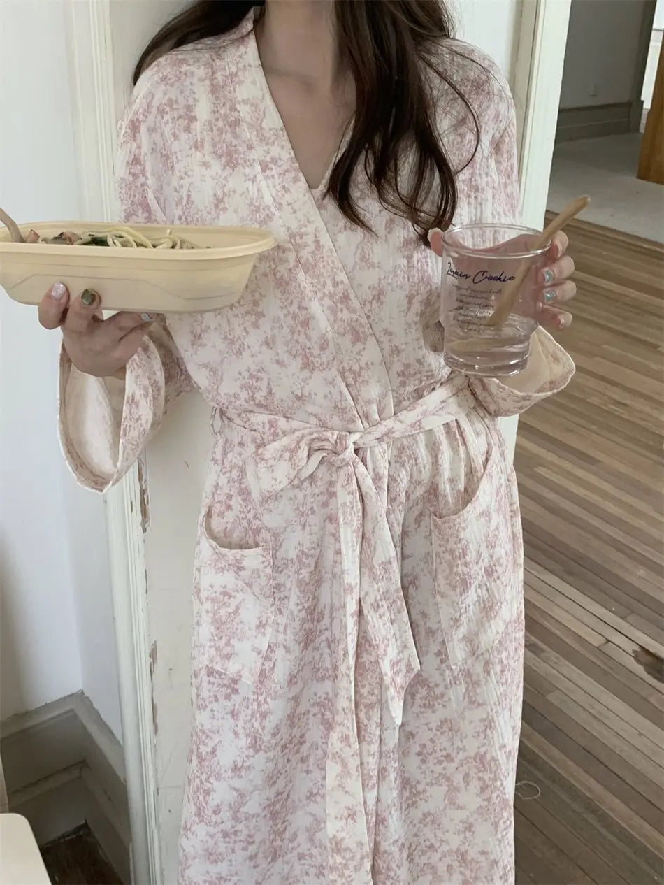 New Blue Kimono Bathing Bathrobe for Spring Autumn Women's Long-sleeved Home Sleeping Lingererie Sleep Wear Homewear Clothes Hot