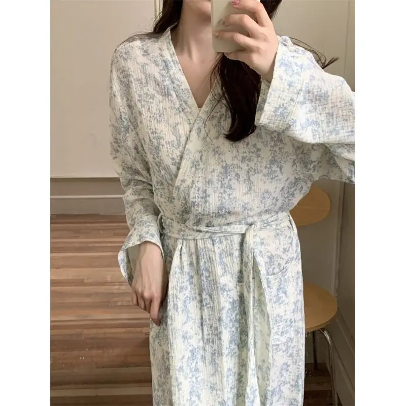 New Blue Kimono Bathing Bathrobe for Spring Autumn Women's Long-sleeved Home Sleeping Lingererie Sleep Wear Homewear Clothes Hot