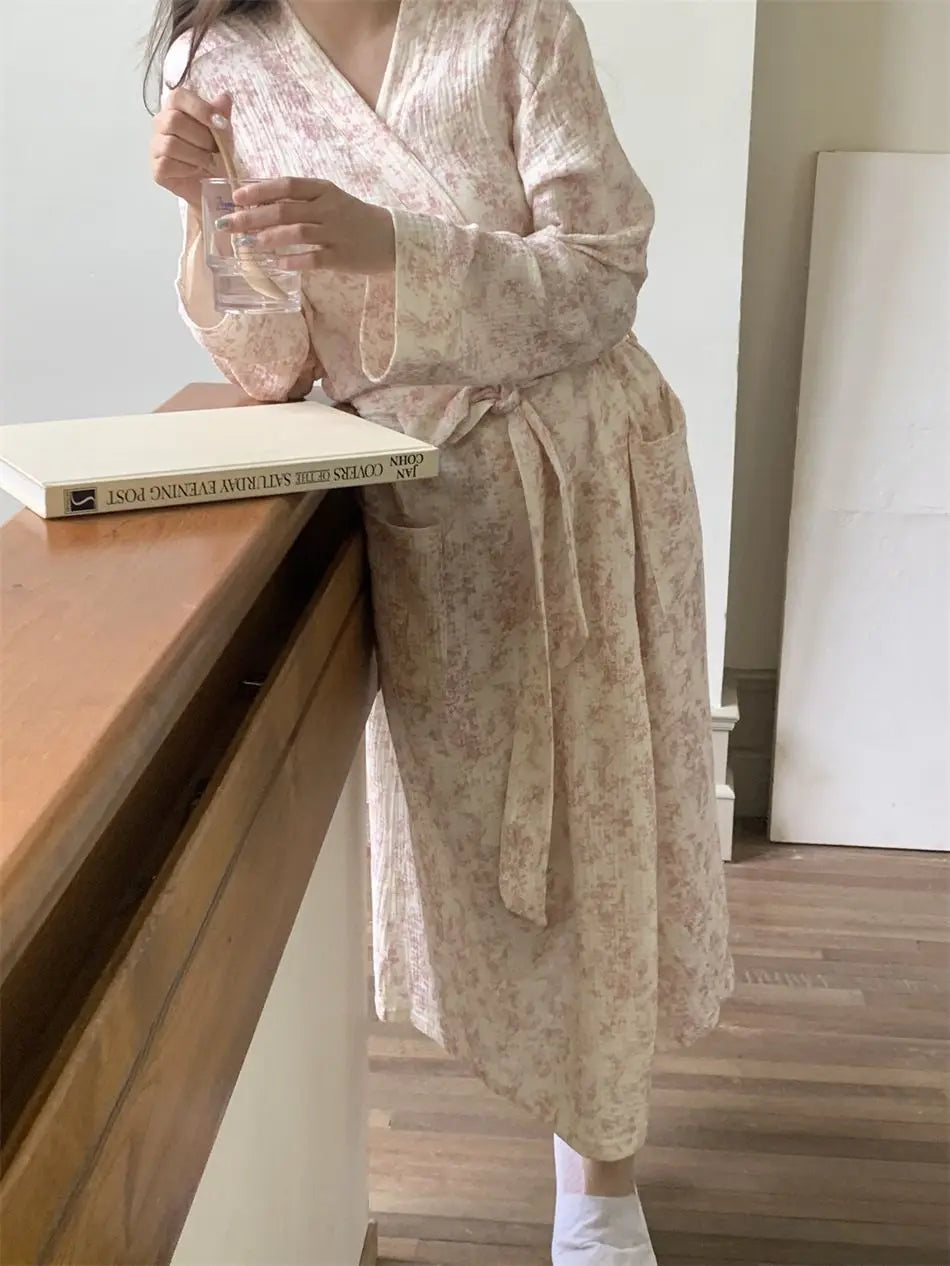 New Blue Kimono Bathing Bathrobe for Spring Autumn Women's Long-sleeved Home Sleeping Lingererie Sleep Wear Homewear Clothes Hot