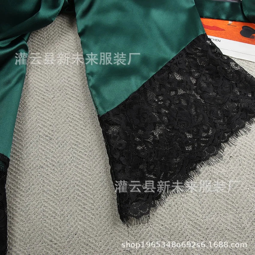 Women's Sexy Night Gown Robe V-Neck Satin Lace Bathrobe Half Sleeve Nightdress Female French Sexy Silky Satin Sleepwear