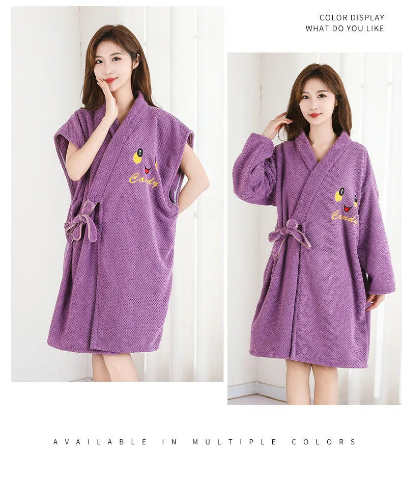 Thickened Warm Bathrobe Women's Shower Bathrobe Bath Towel Adult Student Pajamas Wearable Wrappable Sleeping Gown Girl Sleepwear