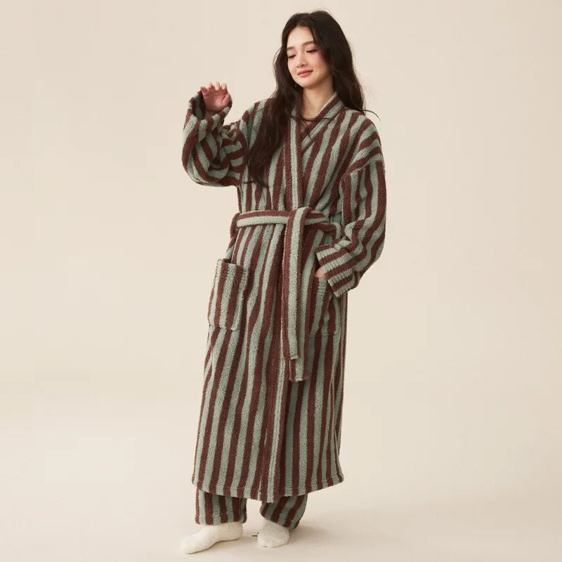 Autumn Winter Thick Soft Coral Velvet Striped Fleece Bathrobe Cozy Loungewear Plush Dressing Gown Long Robes for Women Home Wear
