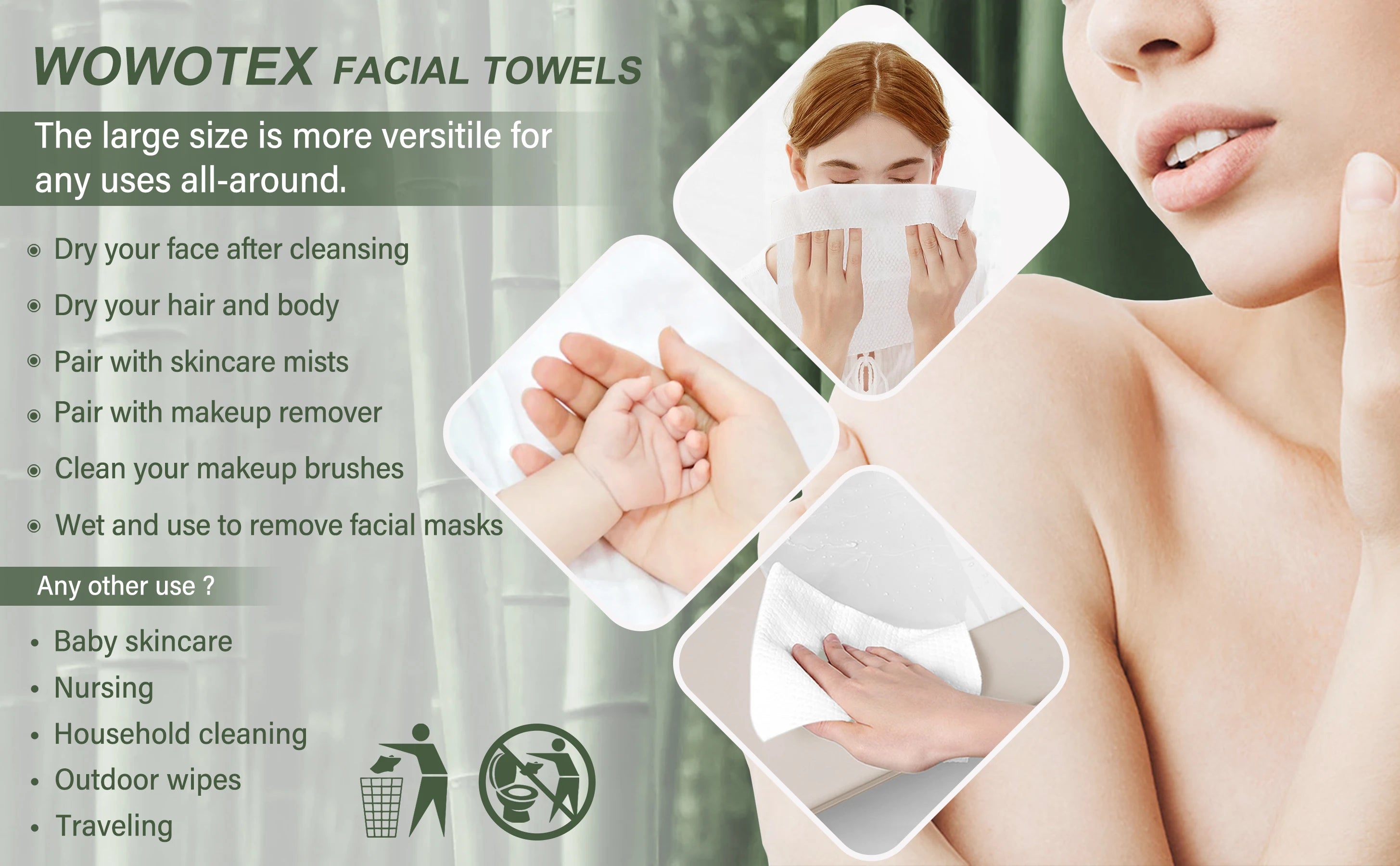 Bamboo Disposable Face Towel Biodegradable Large Dry Face Wipes 60 Count Thick Clean Facial Towel for Sensitive Skin 12x10 inch