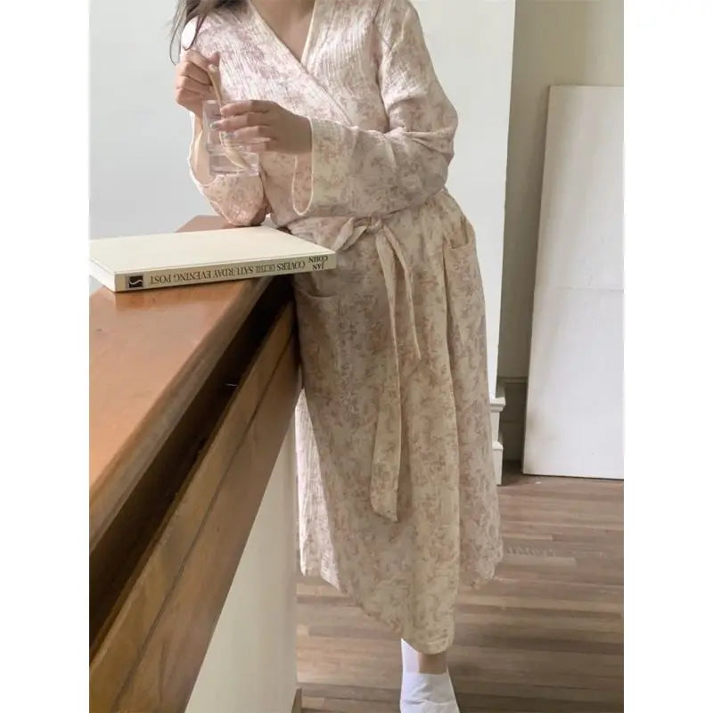 New Blue Kimono Bathing Bathrobe for Spring Autumn Women's Long-sleeved Home Sleeping Lingererie Sleep Wear Homewear Clothes Hot