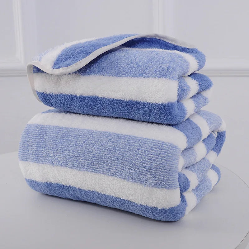 Soft Striped Bath Towel Set - Quick-Drying Absorbent Microfiber Face & Hand Towels for Bathroom, Home Spa - 70x140cm & 35x75cm