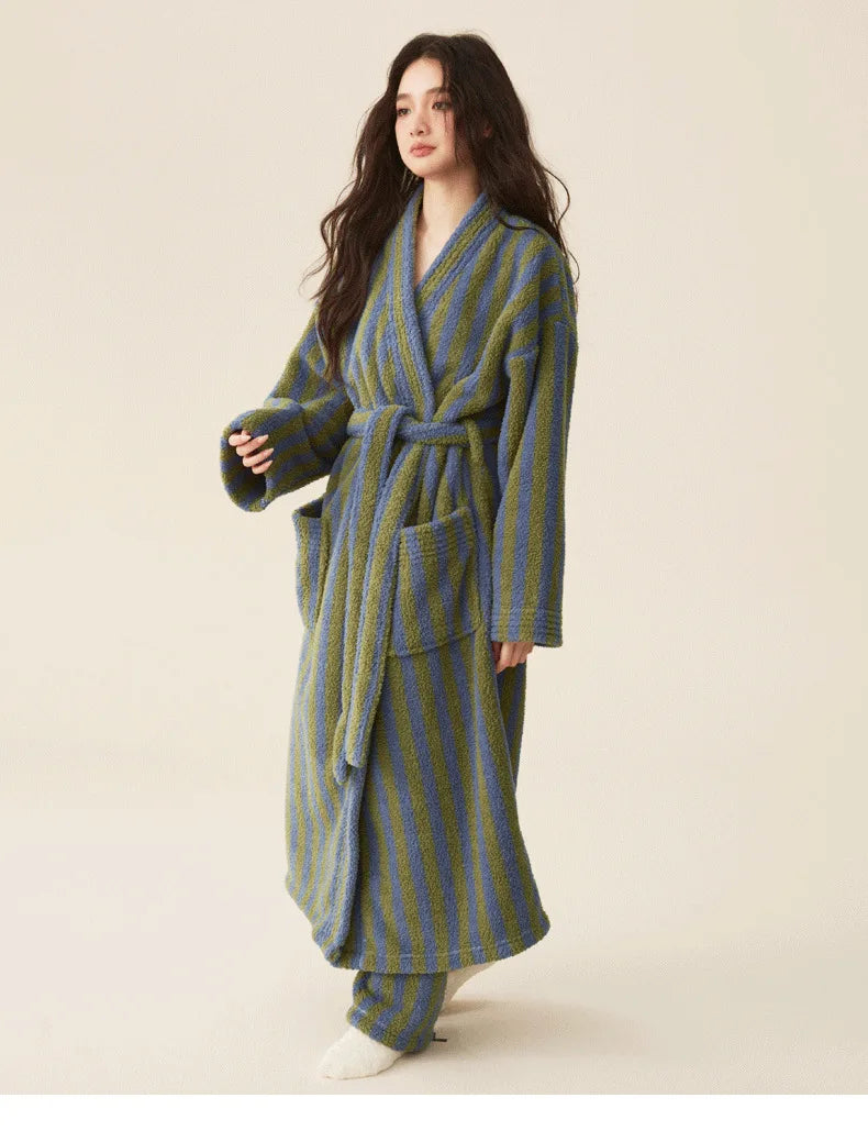 Autumn Winter Thick Soft Coral Velvet Striped Fleece Bathrobe Cozy Loungewear Plush Dressing Gown Long Robes for Women Home Wear