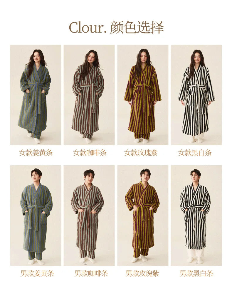 Autumn Winter Thick Soft Coral Velvet Striped Fleece Bathrobe Cozy Loungewear Plush Dressing Gown Long Robes for Women Home Wear