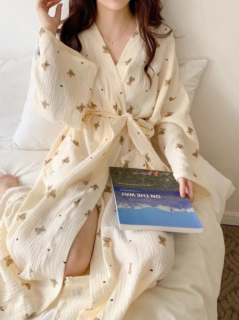 Women Bathing Robe Cartoon Cute Bear Print Bathrobe Nightgown Cardigan Long Sleeve Nightdress Plus Size Loungewear Nightgown Ro