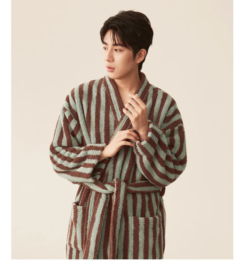 Autumn Winter Thick Soft Coral Velvet Striped Fleece Bathrobe Cozy Loungewear Plush Dressing Gown Long Robes for Women Home Wear