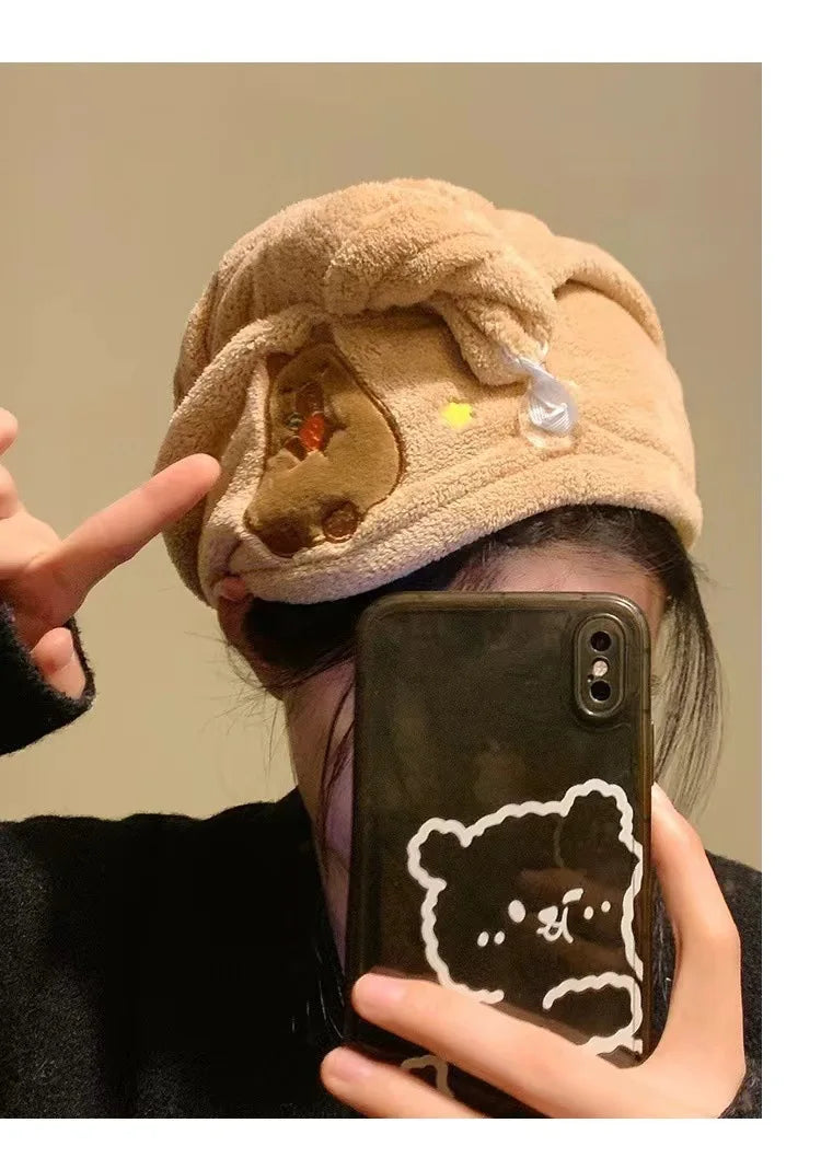 Cute Cartoon Capybara Plush Dry Hair Cap Good Absorbent Quick Dry Coral Velvet Shower Cap for Women Kid Kawaii Girl Hair Towel