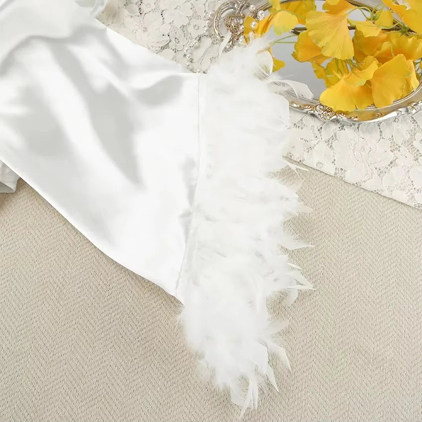 Wedding Bride Robe Morning Gown Elegant Feather Female Kimono Bathrobe Gown Sexy Rayon Summer New Sleepwear Nightwear Lingerie
