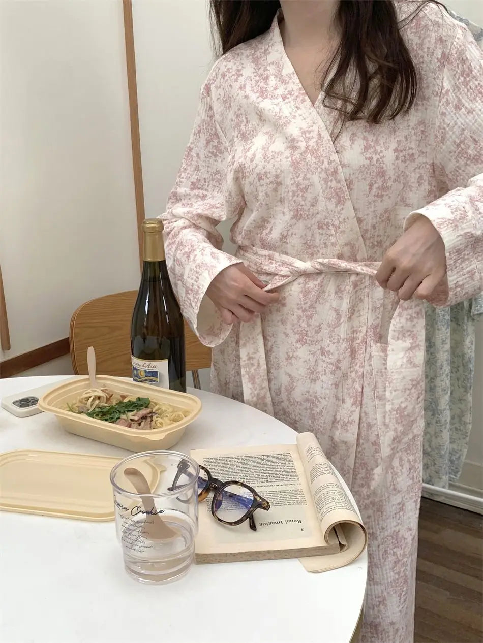 New Blue Kimono Bathing Bathrobe for Spring Autumn Women's Long-sleeved Home Sleeping Lingererie Sleep Wear Homewear Clothes Hot