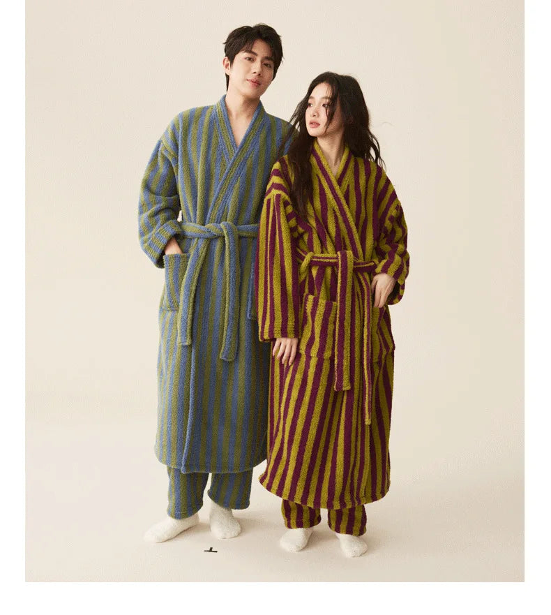 Autumn Winter Thick Soft Coral Velvet Striped Fleece Bathrobe Cozy Loungewear Plush Dressing Gown Long Robes for Women Home Wear