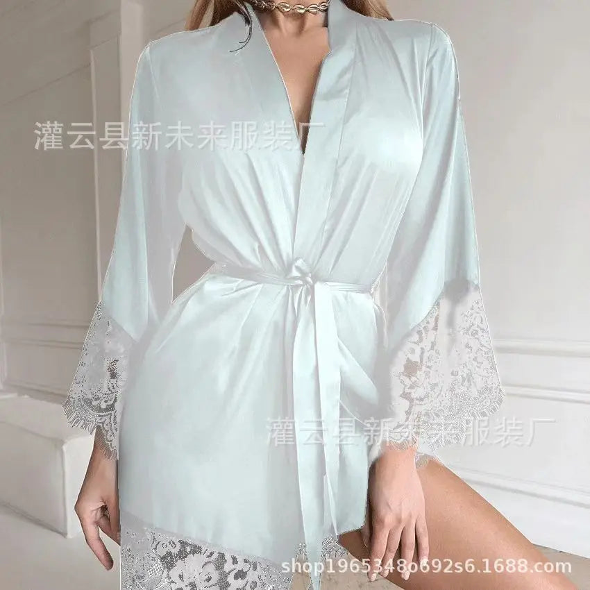 Women's Sexy Night Gown Robe V-Neck Satin Lace Bathrobe Half Sleeve Nightdress Female French Sexy Silky Satin Sleepwear