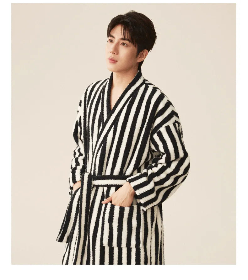 Autumn Winter Thick Soft Coral Velvet Striped Fleece Bathrobe Cozy Loungewear Plush Dressing Gown Long Robes for Women Home Wear