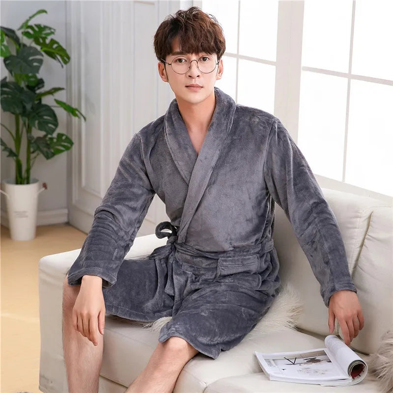 Plus Size Thick Flannel Men Robe Kimono Bathrobe Gown Coral Fleece Sleepwear Home Clothes Autumn Winter Nightwear Lounge Wear