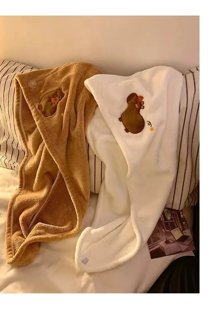 Cute Cartoon Capybara Plush Dry Hair Cap Good Absorbent Quick Dry Coral Velvet Shower Cap for Women Kid Kawaii Girl Hair Towel