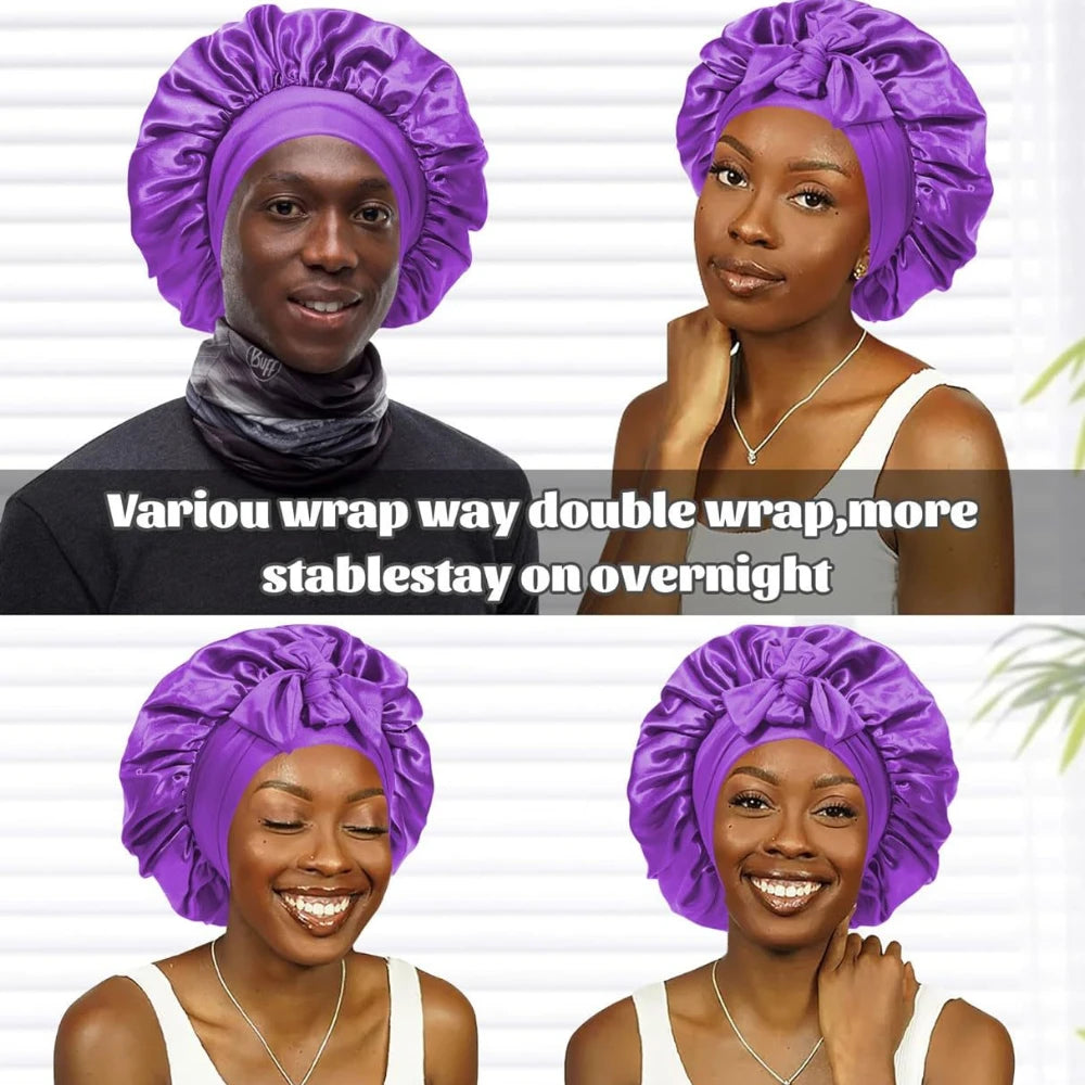 Satin Shower Cap For Women Solid Wide Band Stretch Head Tie Silky Bonnet Edge Wrap Nightcap Hair Care Sleeping Cap Head Cover