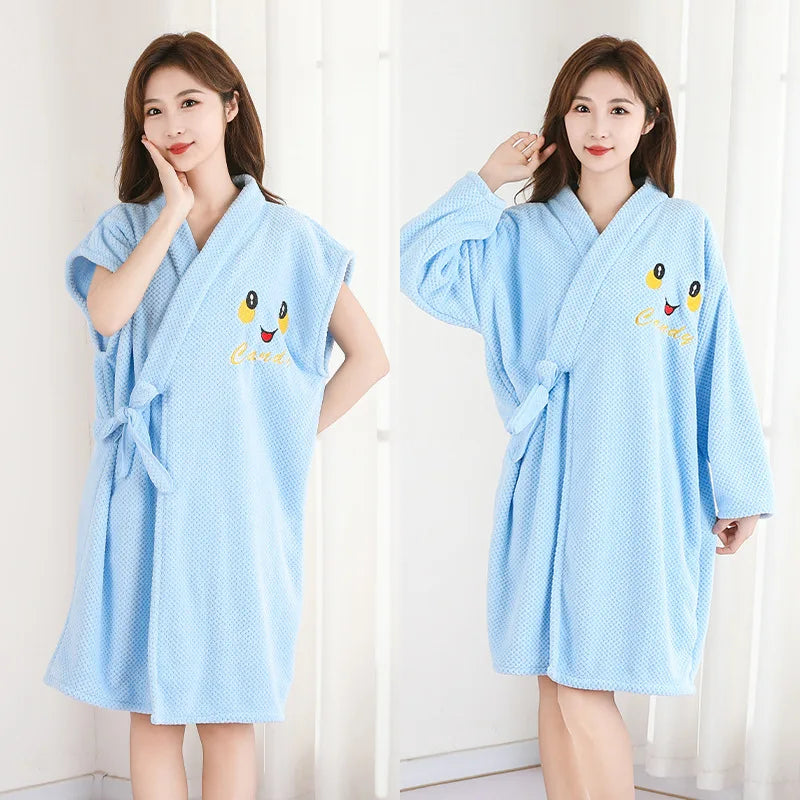Thickened Warm Bathrobe Women's Shower Bathrobe Bath Towel Adult Student Pajamas Wearable Wrappable Sleeping Gown Girl Sleepwear