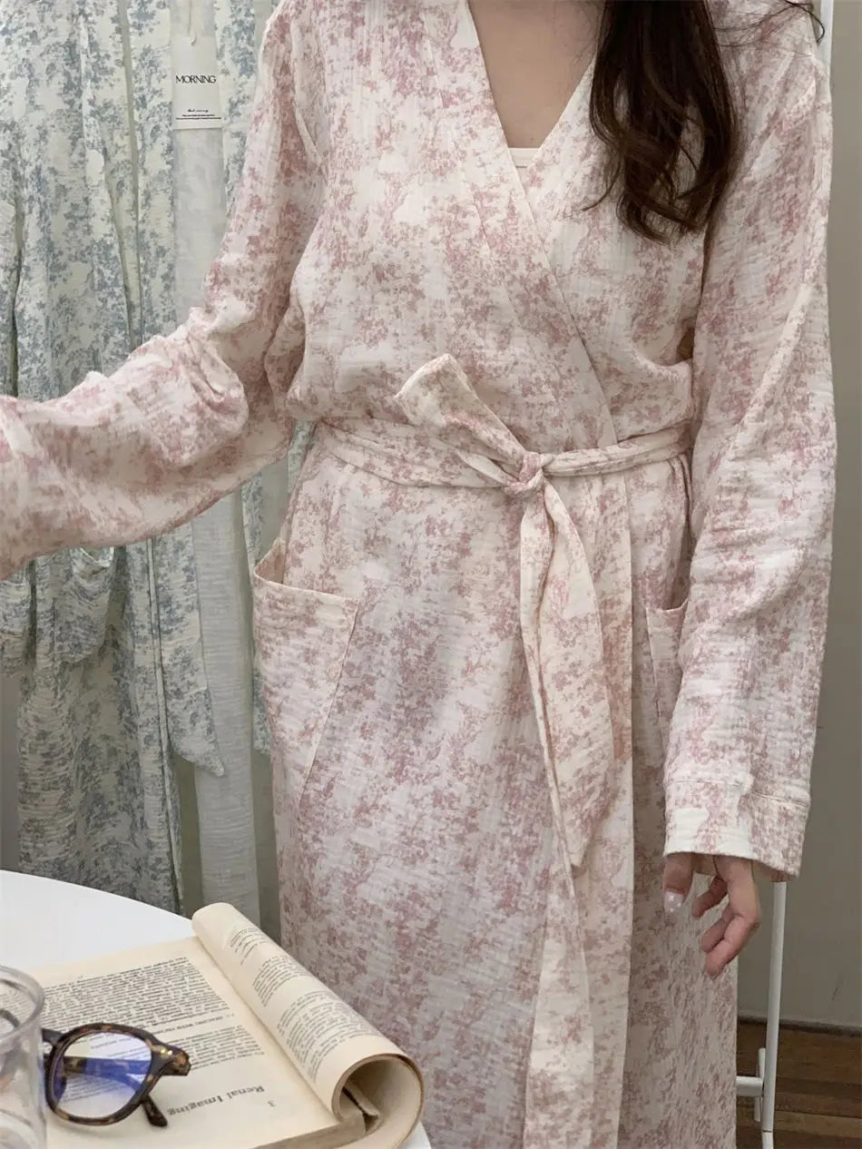 New Blue Kimono Bathing Bathrobe for Spring Autumn Women's Long-sleeved Home Sleeping Lingererie Sleep Wear Homewear Clothes Hot