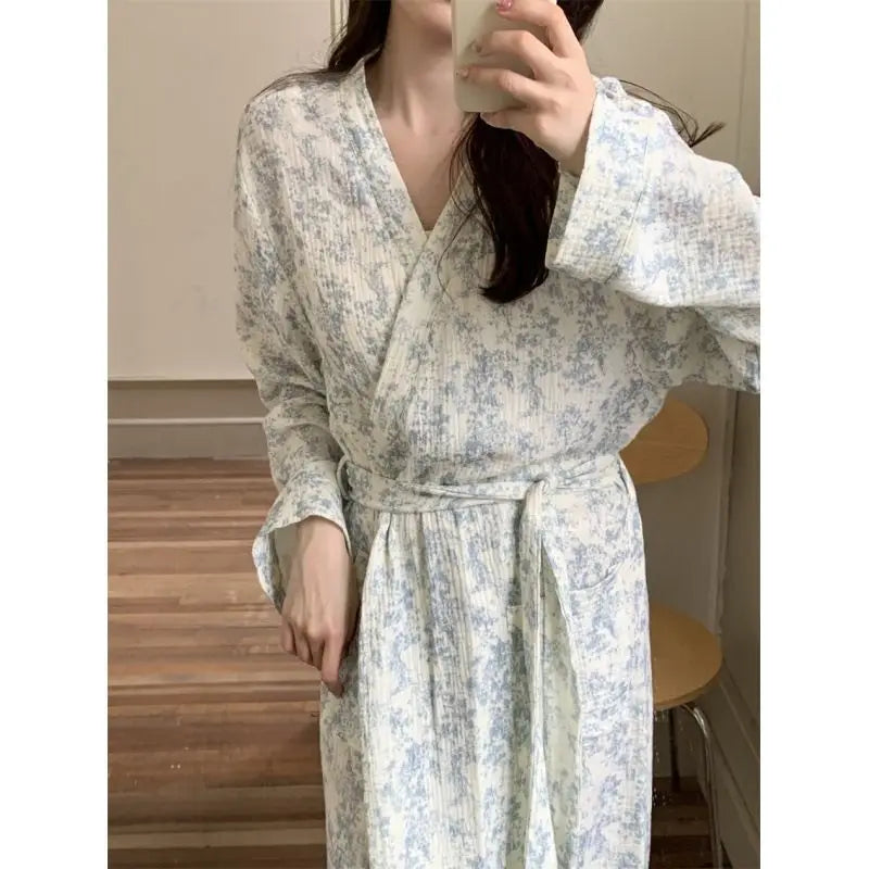 New Blue Kimono Bathing Bathrobe for Spring Autumn Women's Long-sleeved Home Sleeping Lingererie Sleep Wear Homewear Clothes Hot