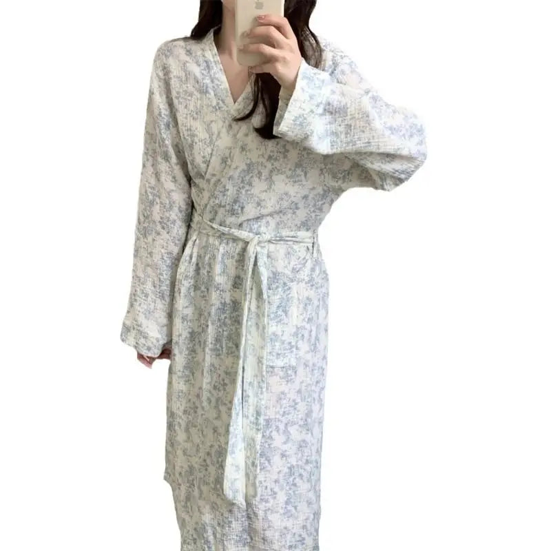 New Blue Kimono Bathing Bathrobe for Spring Autumn Women's Long-sleeved Home Sleeping Lingererie Sleep Wear Homewear Clothes Hot