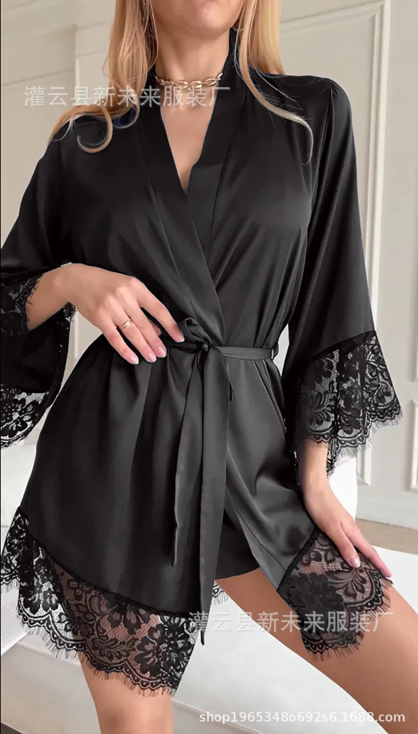Women's Sexy Night Gown Robe V-Neck Satin Lace Bathrobe Half Sleeve Nightdress Female French Sexy Silky Satin Sleepwear