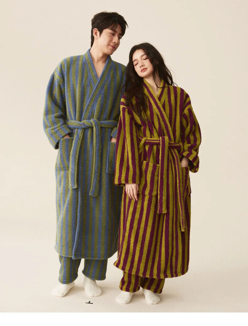 Autumn Winter Thick Soft Coral Velvet Striped Fleece Bathrobe Cozy Loungewear Plush Dressing Gown Long Robes for Women Home Wear