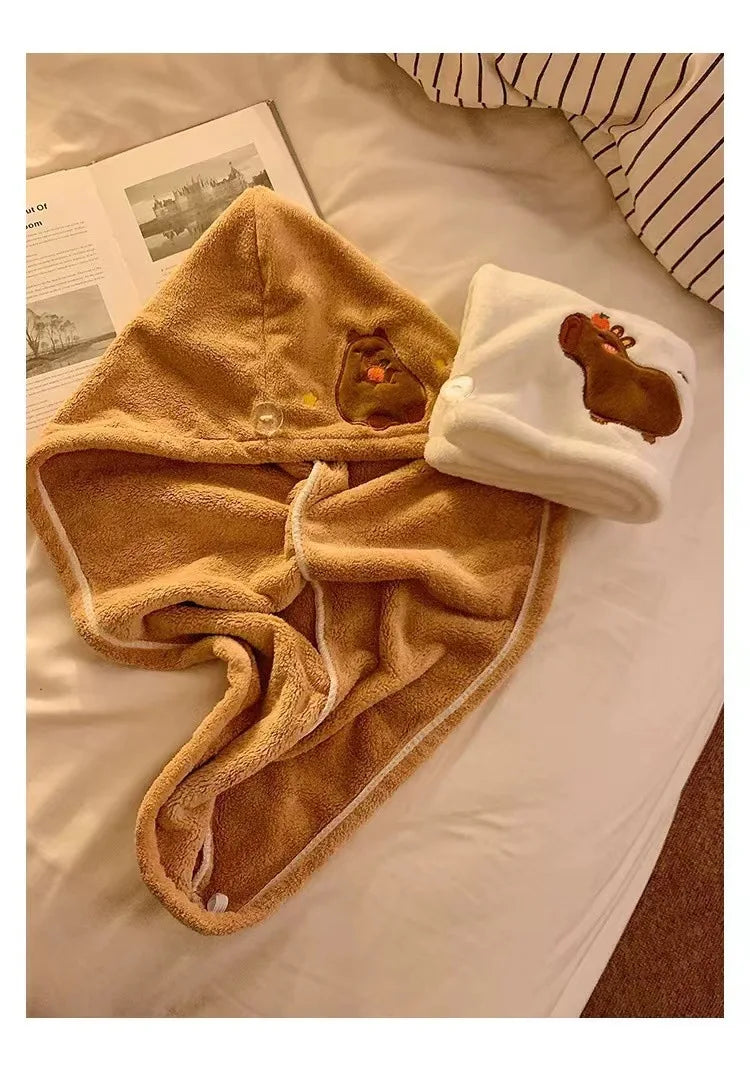 Cute Cartoon Capybara Plush Dry Hair Cap Good Absorbent Quick Dry Coral Velvet Shower Cap for Women Kid Kawaii Girl Hair Towel