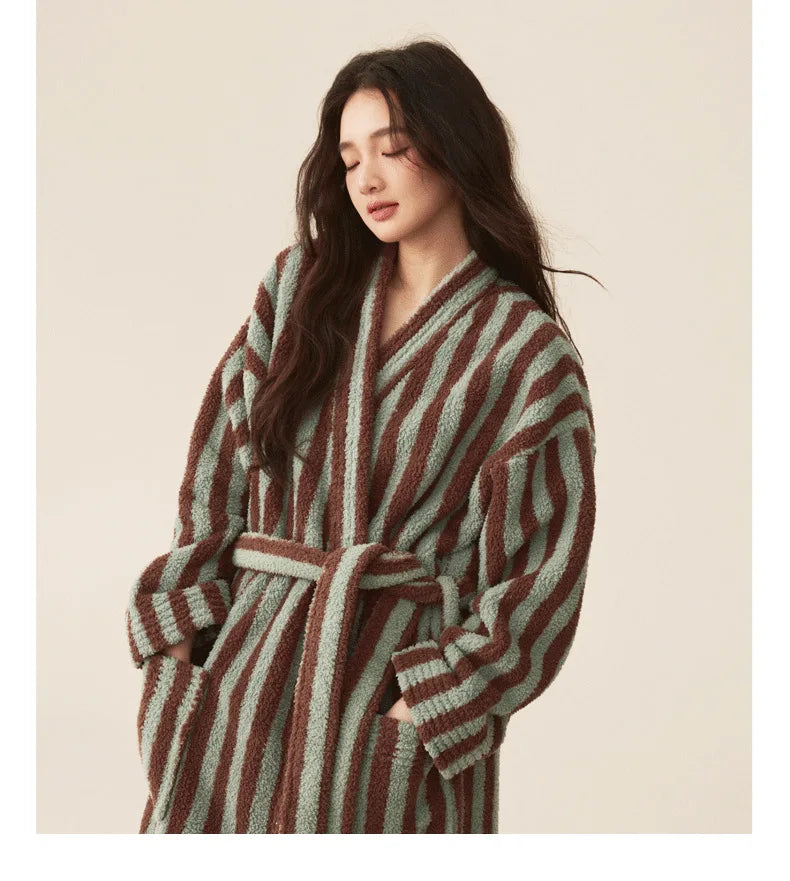 Autumn Winter Thick Soft Coral Velvet Striped Fleece Bathrobe Cozy Loungewear Plush Dressing Gown Long Robes for Women Home Wear