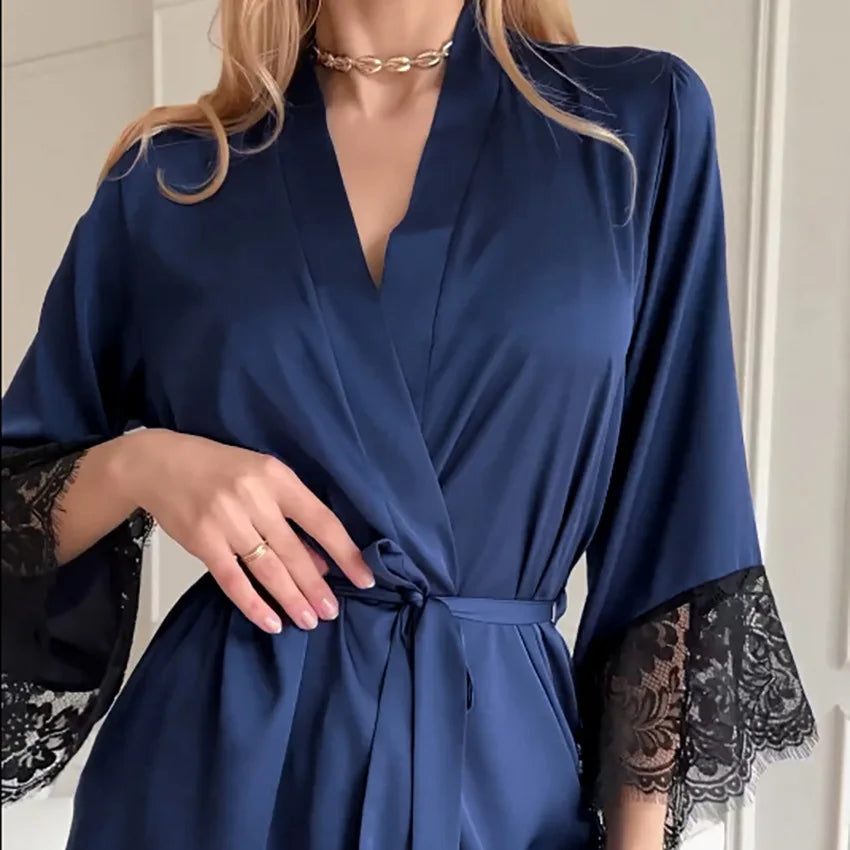 Women's Sexy Night Gown Robe V-Neck Satin Lace Bathrobe Half Sleeve Nightdress Female French Sexy Silky Satin Sleepwear