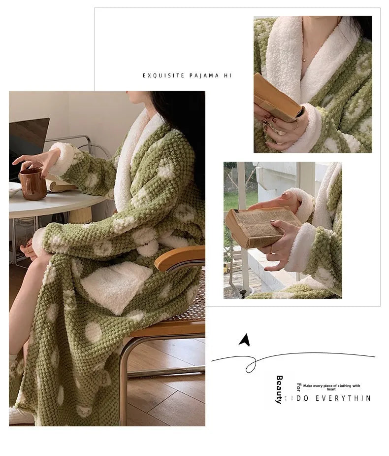Women's Pajamas Cute Pijama Winter Sleepwear Warm Robe Sets Long Home Wear Bathrobe Plus Velvet Warmth Coral Fleece Nightgown