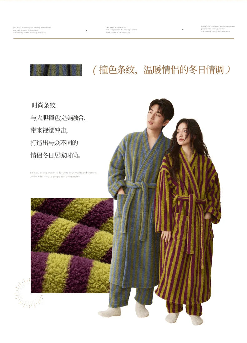 Autumn Winter Thick Soft Coral Velvet Striped Fleece Bathrobe Cozy Loungewear Plush Dressing Gown Long Robes for Women Home Wear