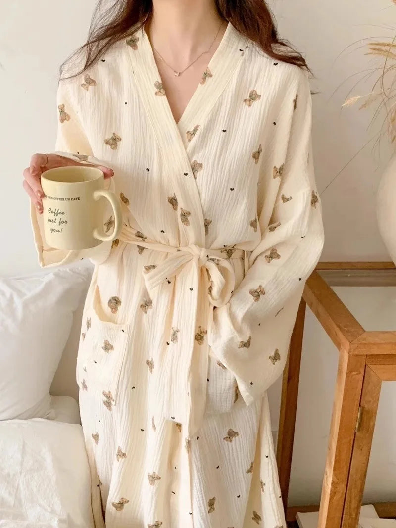 Women Bathing Robe Cartoon Cute Bear Print Bathrobe Nightgown Cardigan Long Sleeve Nightdress Plus Size Loungewear Nightgown Ro