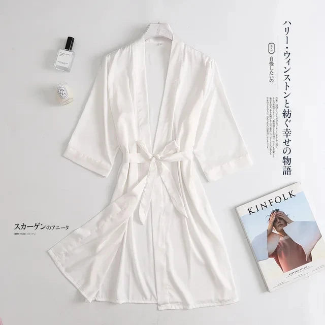Women Wedding White Bride Robe Morning Gown 3/4 Sleeve Sleepwear Loose Nightgown Female Silk Satin Kimono Bathrobe Lingerie