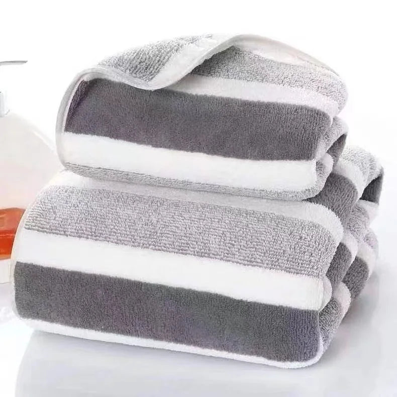 Soft Striped Bath Towel Set - Quick-Drying Absorbent Microfiber Face & Hand Towels for Bathroom, Home Spa - 70x140cm & 35x75cm