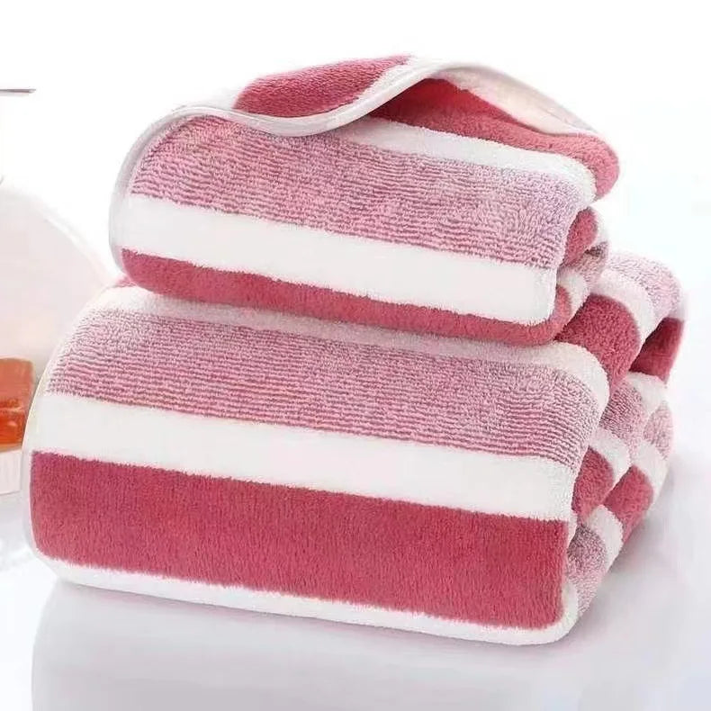 Soft Striped Bath Towel Set - Quick-Drying Absorbent Microfiber Face & Hand Towels for Bathroom, Home Spa - 70x140cm & 35x75cm