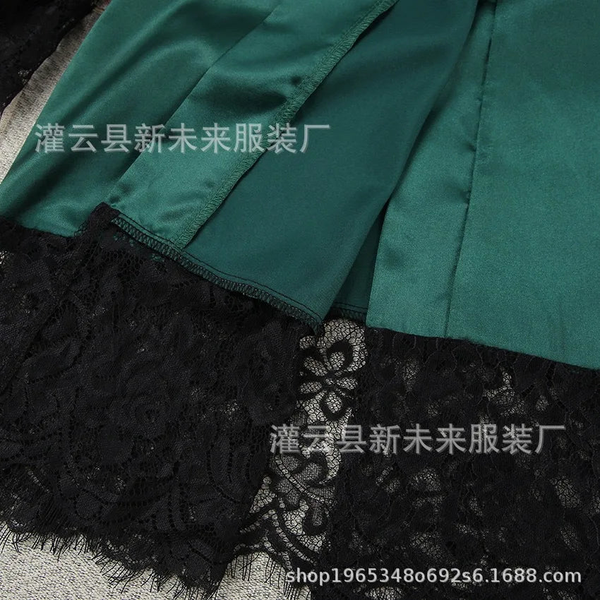 Women's Sexy Night Gown Robe V-Neck Satin Lace Bathrobe Half Sleeve Nightdress Female French Sexy Silky Satin Sleepwear