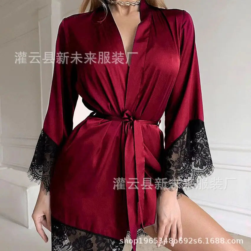 Women's Sexy Night Gown Robe V-Neck Satin Lace Bathrobe Half Sleeve Nightdress Female French Sexy Silky Satin Sleepwear